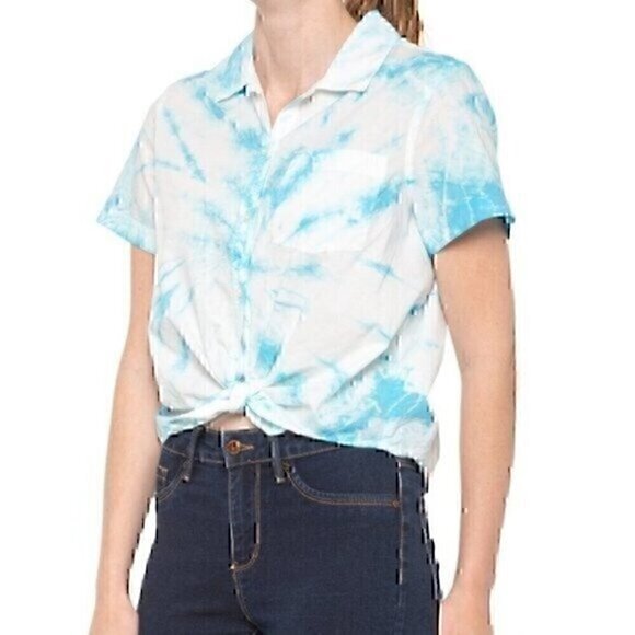 NEW NWT LUCKY BRAND Tie Knot Shirt Blue Tie Dye Button Down Short Sleeve Cotton - Picture 1 of 8